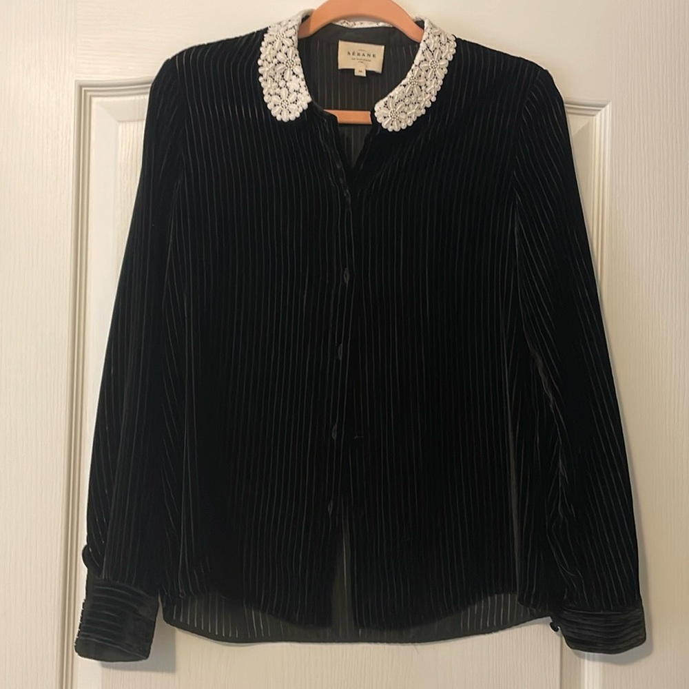 Sezane velvet button down with knitted collar